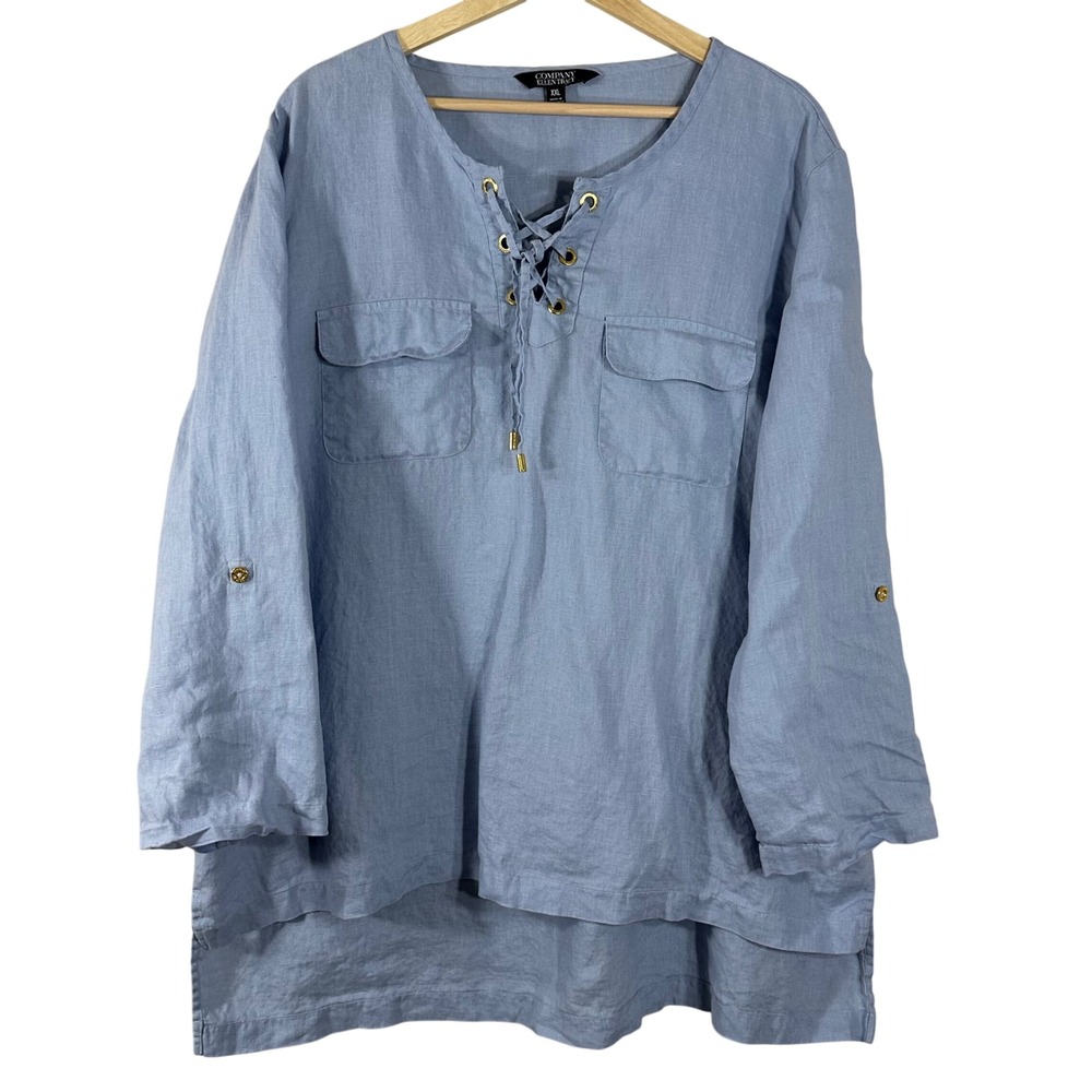 Ellen Tracy Women's Top Blue 100% Linen Roll Tab Sleeves Front Tie Size XXL
